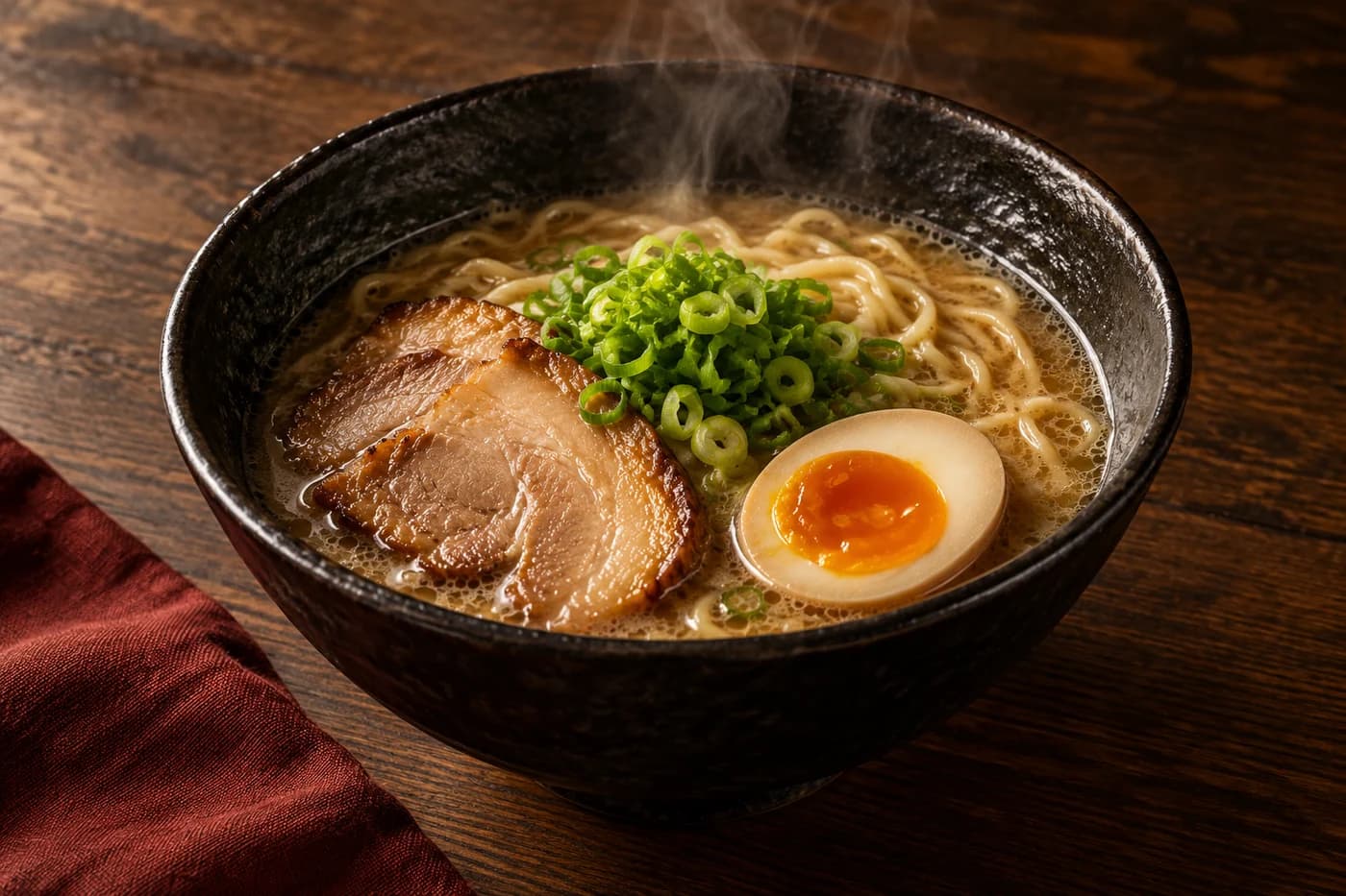 Illustrative ramen bowl with noodles and egg on a wooden table